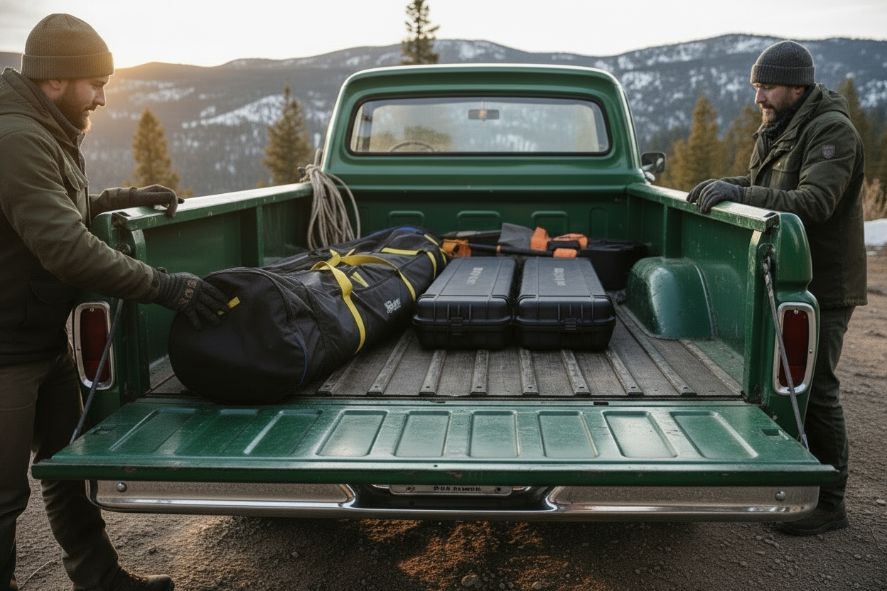 only the torso to knees of the outdoorsmen should be in the frame