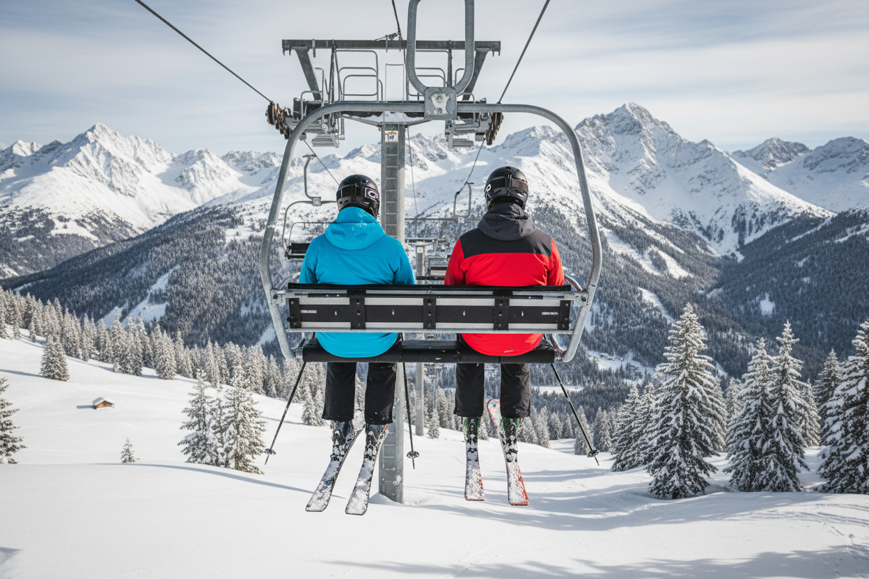 a behind photograph of two skiers riding up a ski lift