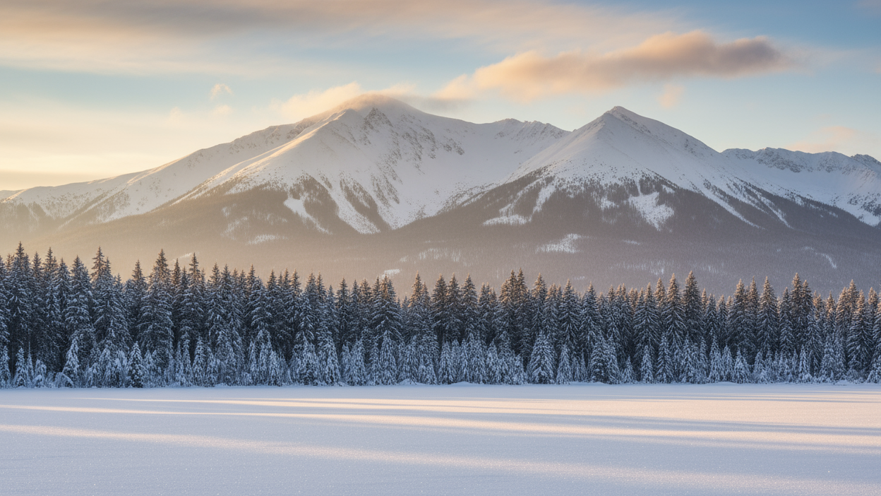 an empty field of snow. the horizon is snow covered pine trees. behind the trees is a winter mountain range and morning sky.