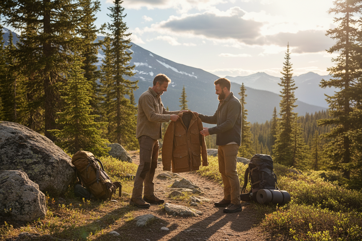 an outdoorsman handing over his extra jacket to another outdoorsman to borrow for the day