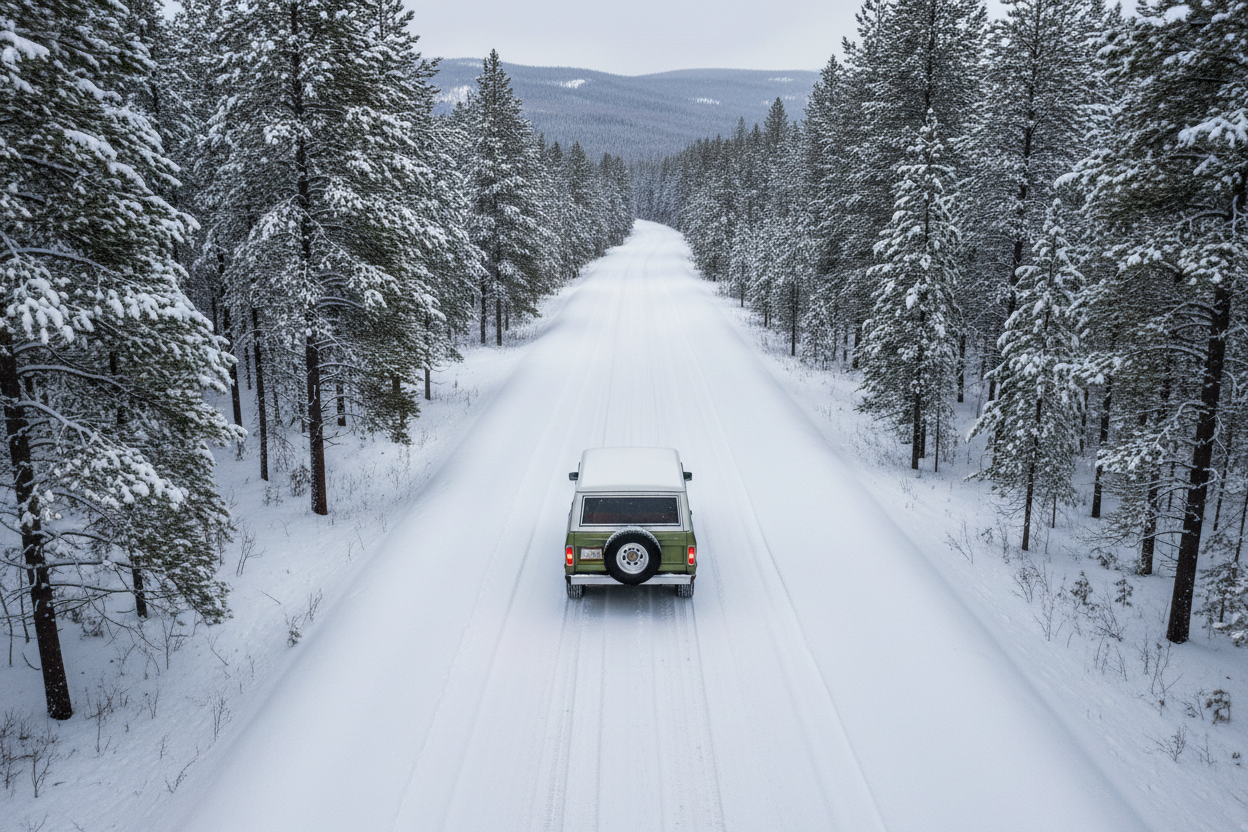 no tire tracks on the road in front of the vehicle